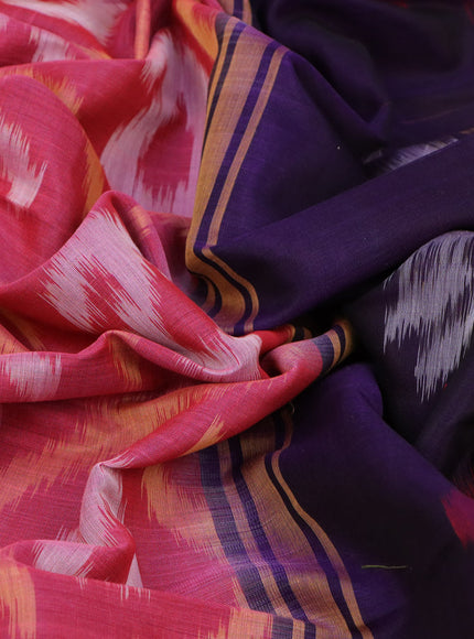 Ikat silk cotton saree pink and deep violet with allover ikat weaves and long ikat woven zari border