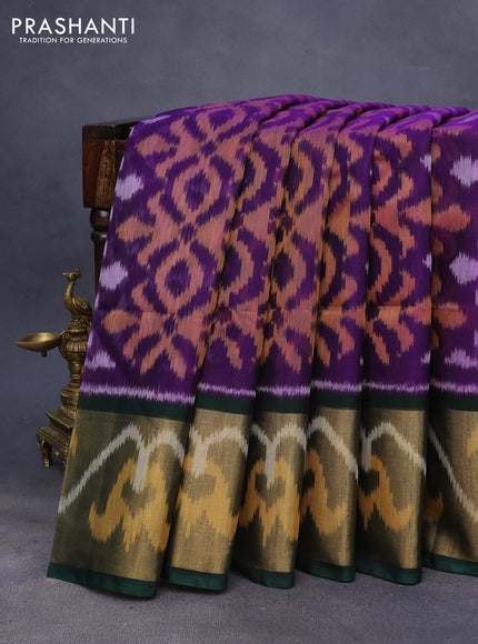 Ikat silk cotton saree violet and bottle green with allover ikat weaves and long ikat woven zari border