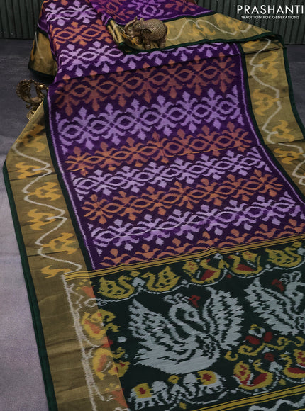 Ikat silk cotton saree violet and bottle green with allover ikat weaves and long ikat woven zari border