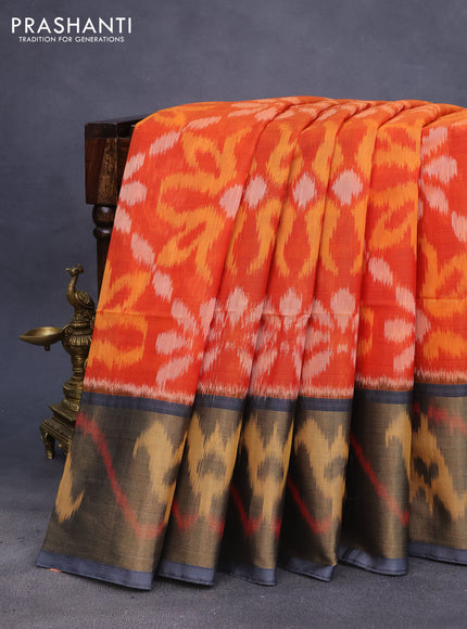 Ikat silk cotton saree rustic orange and grey with allover ikat weaves and long ikat woven zari border