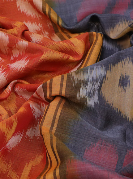 Ikat silk cotton saree rustic orange and grey with allover ikat weaves and long ikat woven zari border