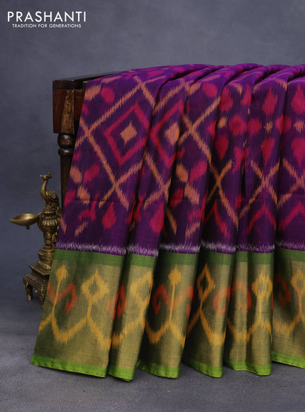 Ikat silk cotton saree violet and light green with allover ikat weaves and long ikat woven zari border