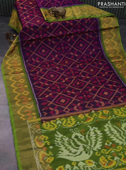 Ikat silk cotton saree violet and light green with allover ikat weaves and long ikat woven zari border