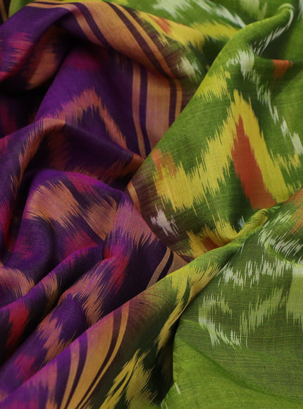 Ikat silk cotton saree violet and light green with allover ikat weaves and long ikat woven zari border