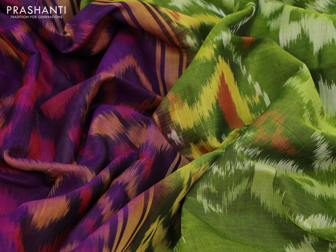 Ikat silk cotton saree violet and light green with allover ikat weaves and long ikat woven zari border