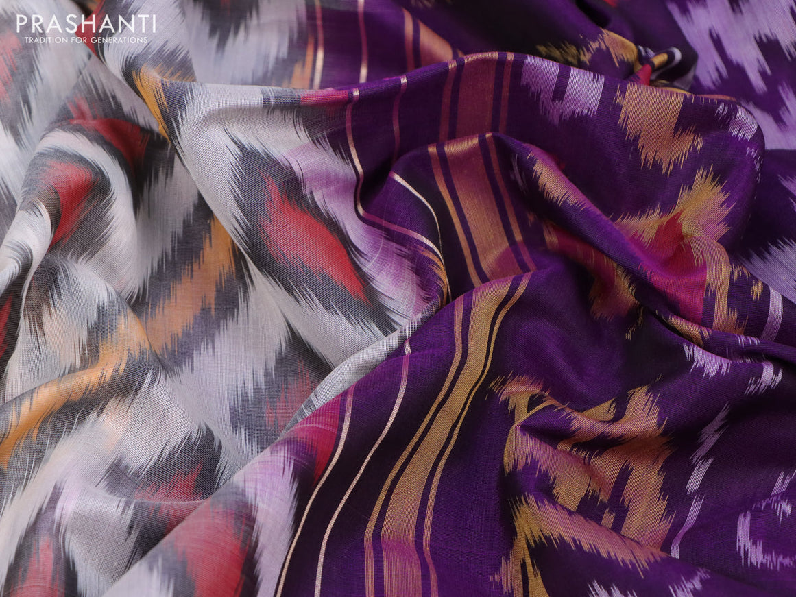 Ikat silk cotton saree off white and violet with allover ikat weaves and long ikat woven zari border