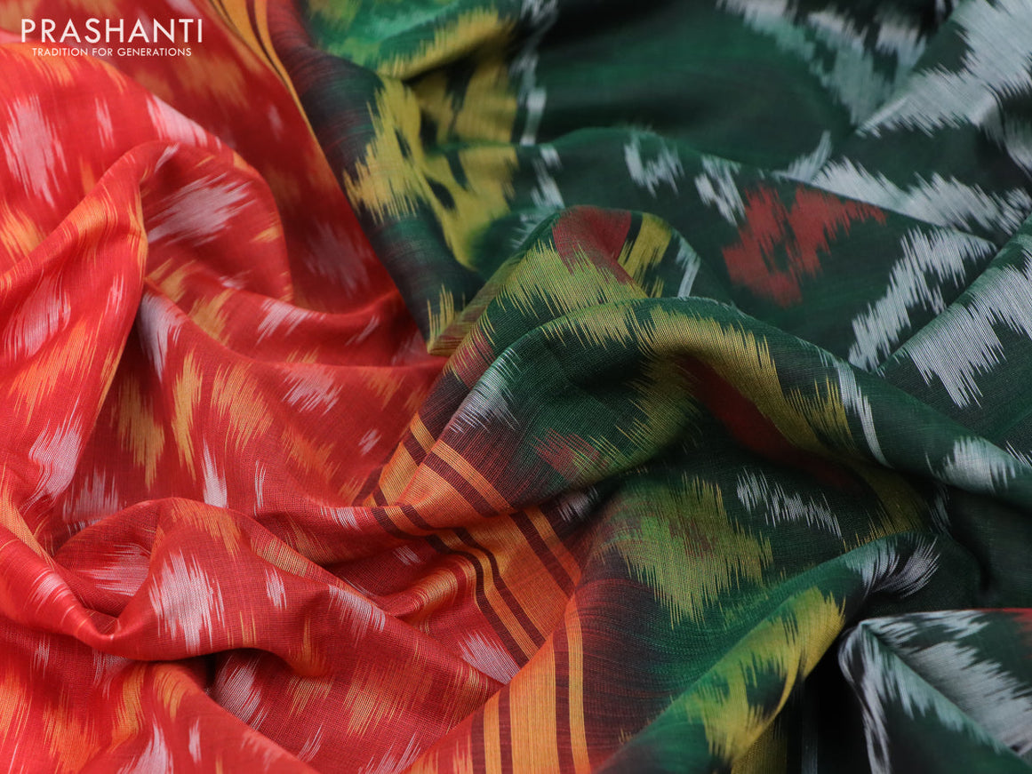 Ikat silk cotton saree reddish orange and bottle green with allover ikat weaves and long ikat woven zari border