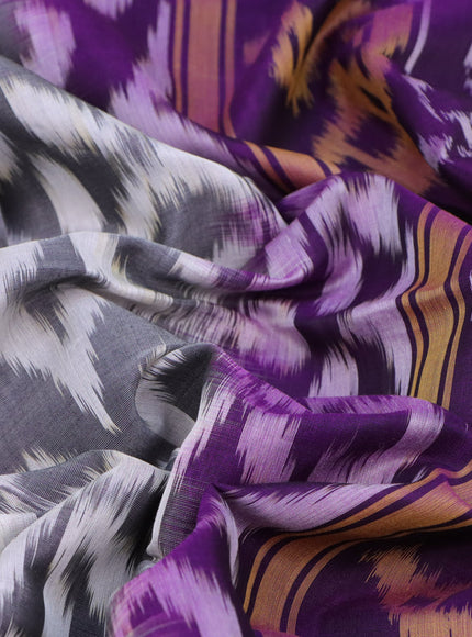 Ikat silk cotton saree off white and violet with allover ikat weaves and long ikat woven zari border