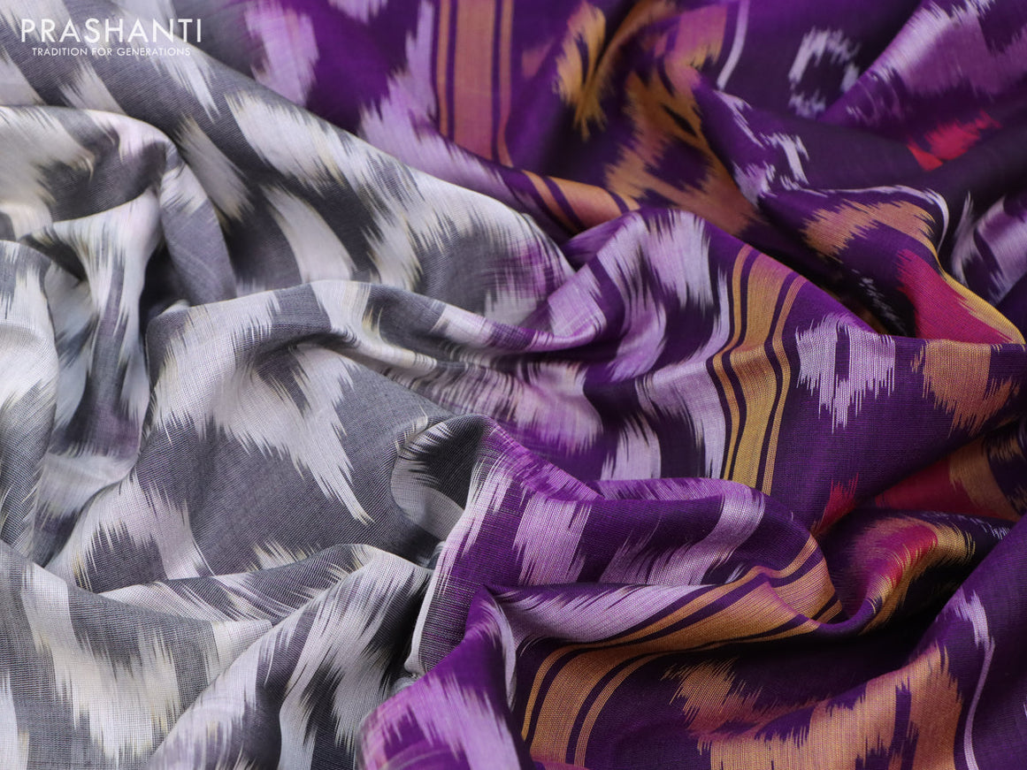 Ikat silk cotton saree off white and violet with allover ikat weaves and long ikat woven zari border