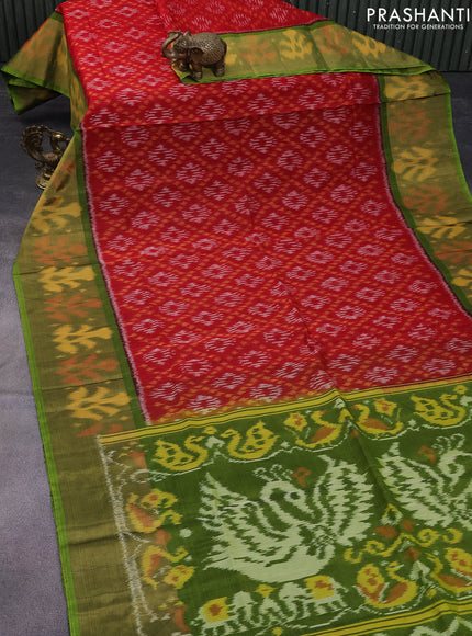 Ikat silk cotton saree red and light green with allover ikat weaves and long ikat woven zari border