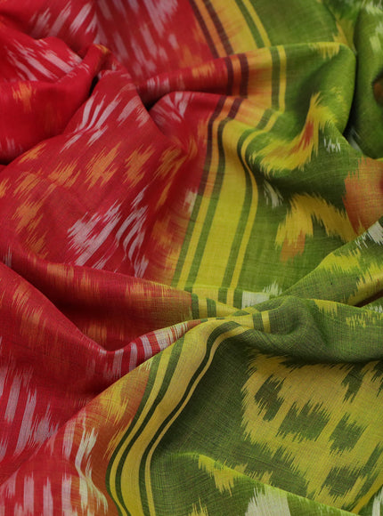 Ikat silk cotton saree red and light green with allover ikat weaves and long ikat woven zari border