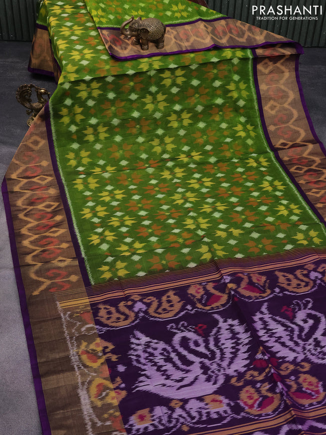 Ikat silk cotton saree green and violet with allover ikat weaves and long ikat woven zari border