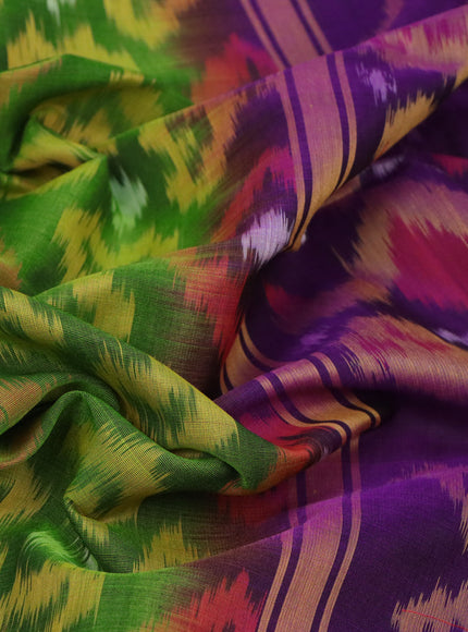 Ikat silk cotton saree green and violet with allover ikat weaves and long ikat woven zari border