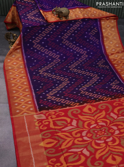 Ikat silk cotton saree dark blue and red with allover ikat weaves and long ikat woven zari border