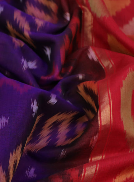 Ikat silk cotton saree dark blue and red with allover ikat weaves and long ikat woven zari border