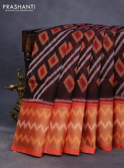 Ikat silk cotton saree coffee brown and peach shade with allover ikat weaves and long ikat woven zari border