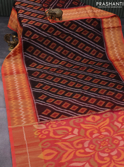 Ikat silk cotton saree coffee brown and peach shade with allover ikat weaves and long ikat woven zari border