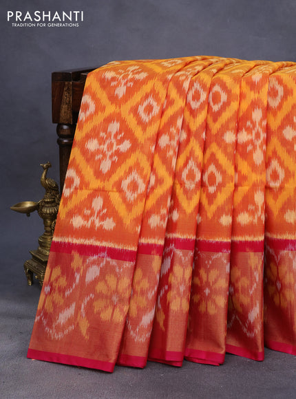 Ikat silk cotton saree mustard yellow rust shade and pink with allover ikat weaves and long ikat woven zari border