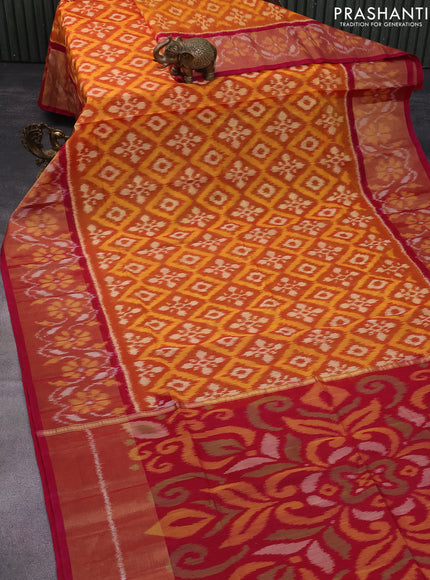 Ikat silk cotton saree mustard yellow rust shade and pink with allover ikat weaves and long ikat woven zari border