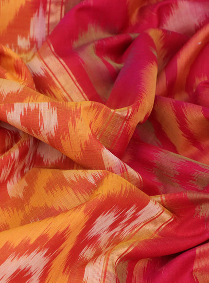 Ikat silk cotton saree mustard yellow rust shade and pink with allover ikat weaves and long ikat woven zari border