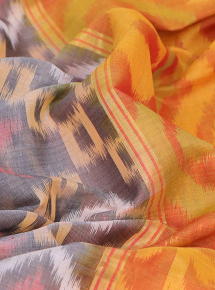 Ikat silk cotton saree grey and dual shade of yellowish pink with allover ikat weaves and long ikat woven zari border