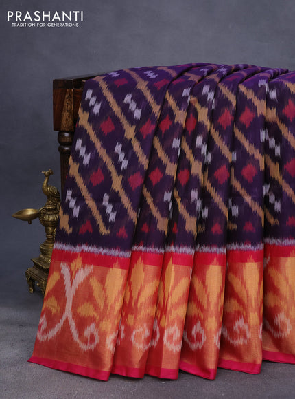 Ikat silk cotton saree dark blue and pink with allover ikat weaves and long ikat woven zari border