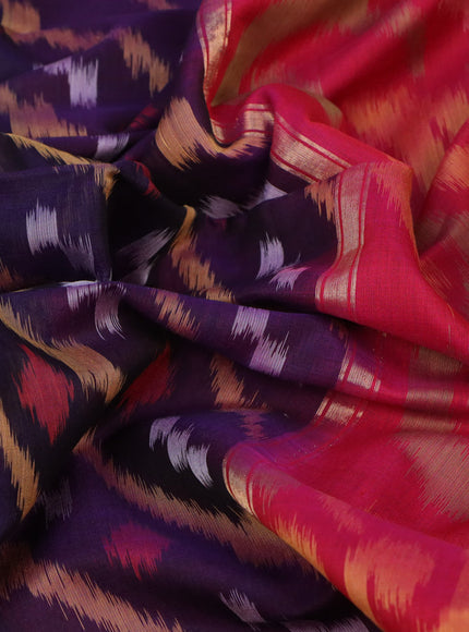 Ikat silk cotton saree dark blue and pink with allover ikat weaves and long ikat woven zari border