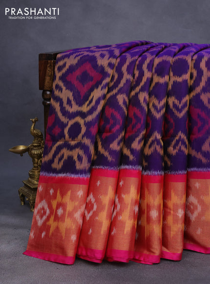 Ikat silk cotton saree dark blue and pink with allover ikat weaves and long ikat woven zari border