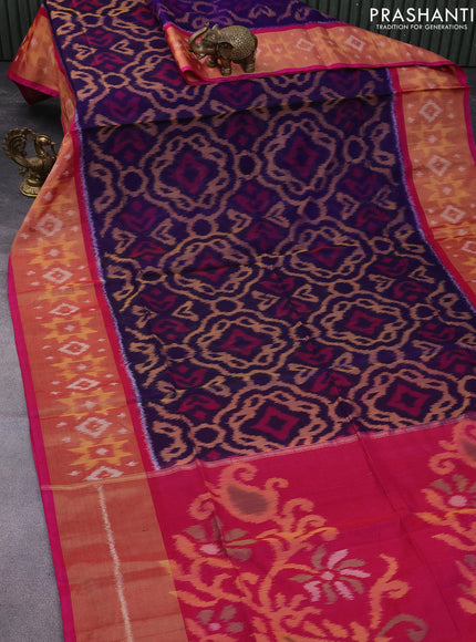 Ikat silk cotton saree dark blue and pink with allover ikat weaves and long ikat woven zari border