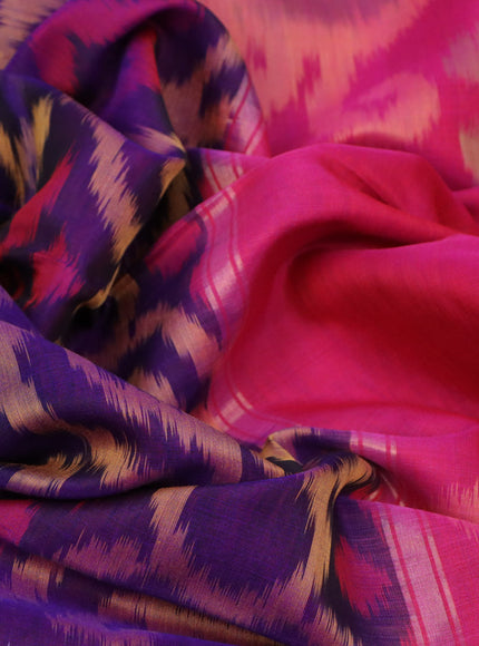 Ikat silk cotton saree dark blue and pink with allover ikat weaves and long ikat woven zari border