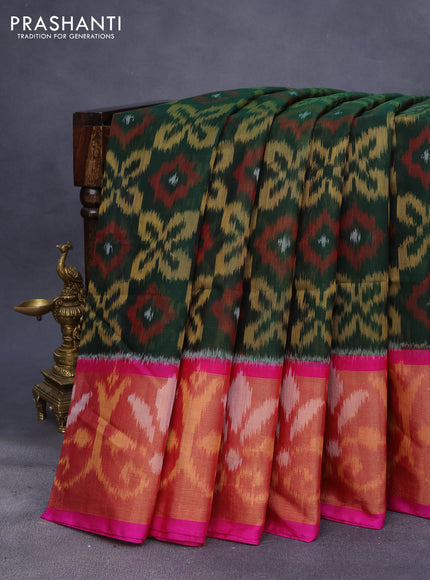 Ikat silk cotton saree bottle green and pink with allover ikat weaves and long ikat woven zari border