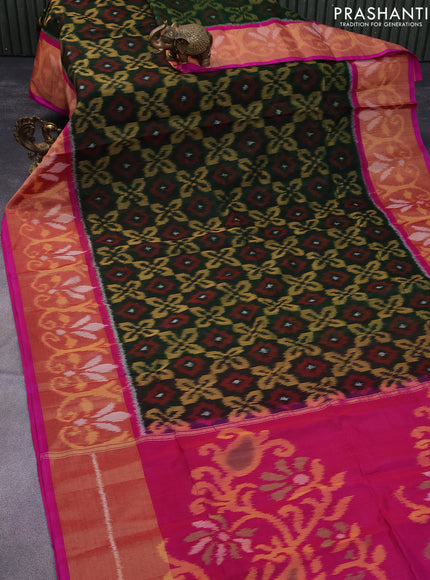 Ikat silk cotton saree bottle green and pink with allover ikat weaves and long ikat woven zari border