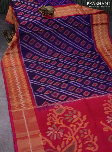 Ikat silk cotton saree blue and pink with allover ikat weaves and long ikat woven zari border