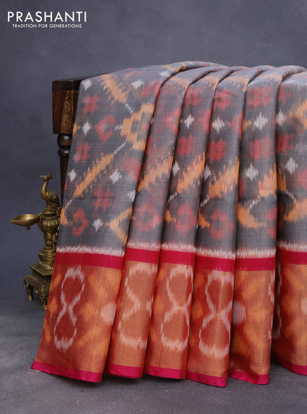 Ikat silk cotton saree grey and pink with allover ikat weaves and long ikat woven zari border