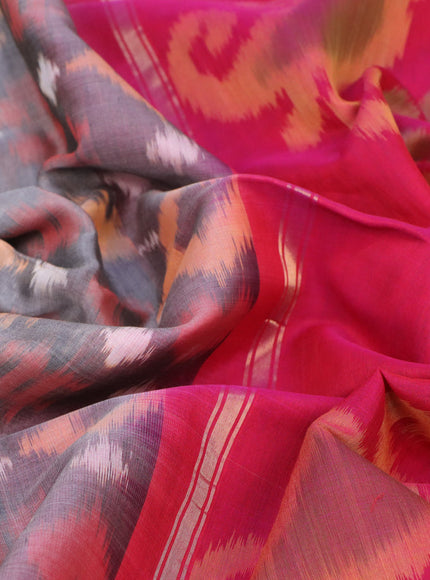 Ikat silk cotton saree grey and pink with allover ikat weaves and long ikat woven zari border