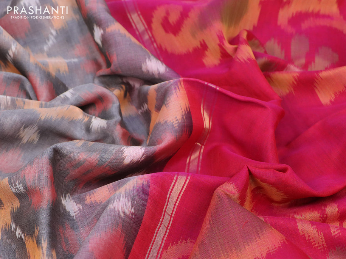 Ikat silk cotton saree grey and pink with allover ikat weaves and long ikat woven zari border