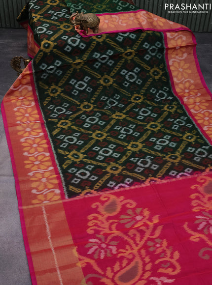 Ikat silk cotton saree bottle green and dual shade of pink with allover ikat weaves and long ikat woven zari border