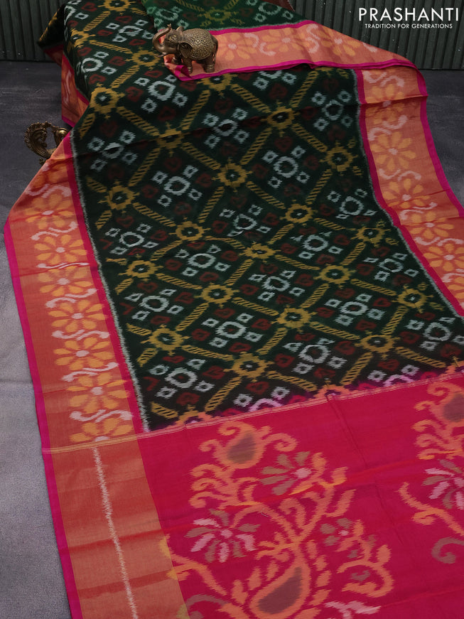 Ikat silk cotton saree bottle green and dual shade of pink with allover ikat weaves and long ikat woven zari border