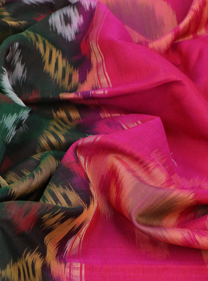 Ikat silk cotton saree bottle green and dual shade of pink with allover ikat weaves and long ikat woven zari border