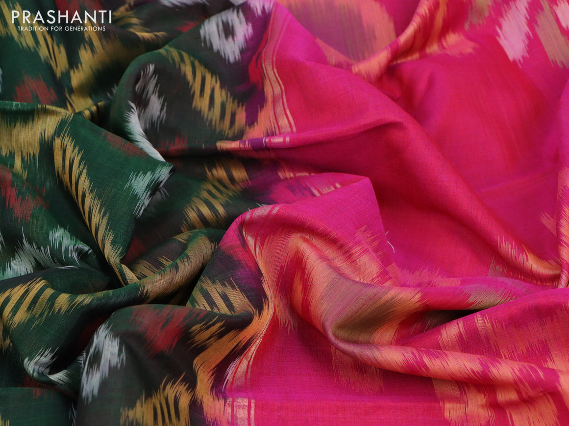 Ikat silk cotton saree bottle green and dual shade of pink with allover ikat weaves and long ikat woven zari border