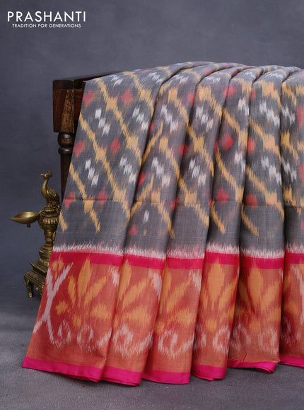 Ikat silk cotton saree grey and pink with allover ikat weaves and long ikat woven zari border