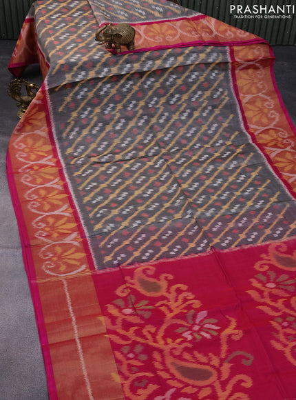 Ikat silk cotton saree grey and pink with allover ikat weaves and long ikat woven zari border