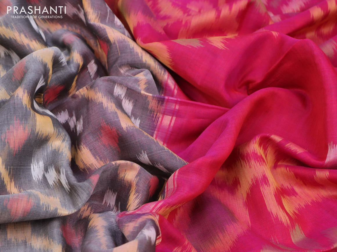 Ikat silk cotton saree grey and pink with allover ikat weaves and long ikat woven zari border