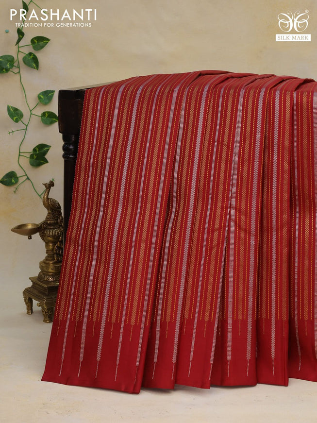 Pure kanchipuram silk saree maroon with silver & gold zari weaves in borderless style