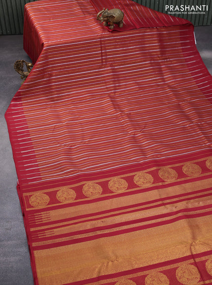 Pure kanchipuram silk saree maroon with silver & gold zari weaves in borderless style