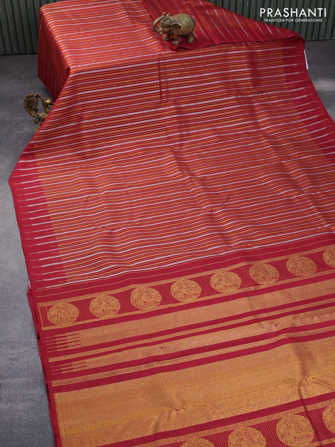 Pure kanchipuram silk saree maroon with silver & gold zari weaves in borderless style