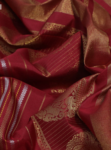 Pure kanchipuram silk saree maroon with silver & gold zari weaves in borderless style