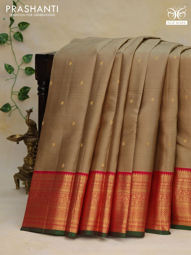 Pure kanchipuram silk saree beige and pink green with zari woven buttas and zari woven korvai border