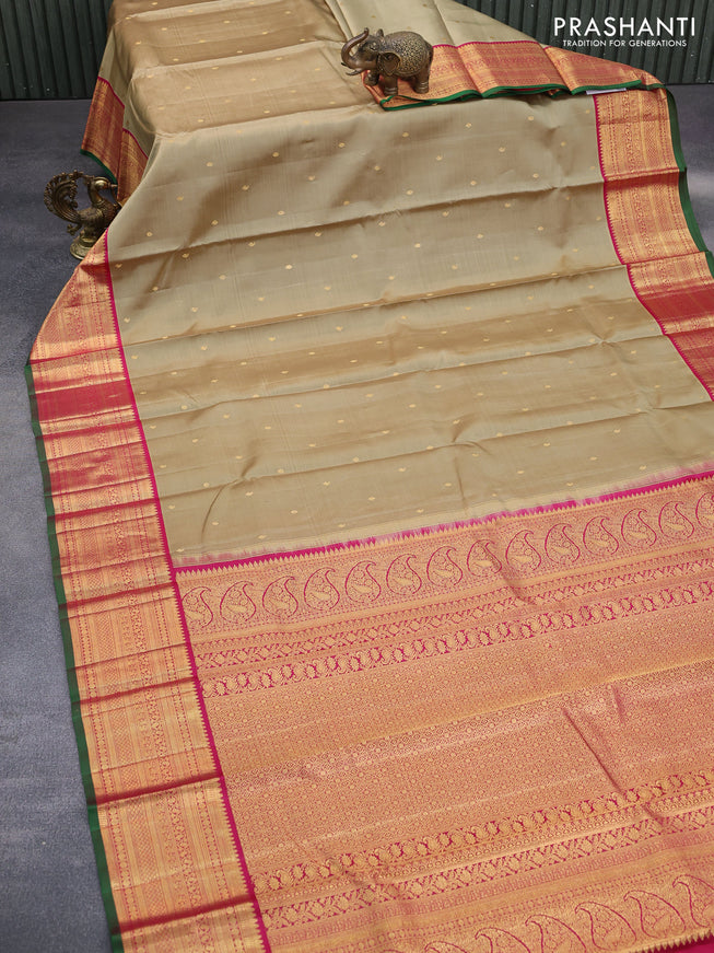 Pure kanchipuram silk saree beige and pink green with zari woven buttas and zari woven korvai border