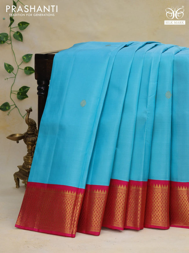 Pure kanchipuram silk saree light blue and pink with zari woven buttas and zari woven korvai border